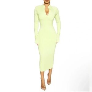 Naked Wardrobe Half Zip Midi Dress Lime Green